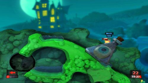 Kiedy pozbędziemy się wszystkich pozostałych przeciwników (część może użyć Teleportu uciekając przed wodą), korzystając po raz kolejny z Plecaka odrzutowego, dostańmy się do przeciwnika stojącego na naczyniu [ilustracja] - Walka o wpływy | Strach (Kampania) | Worms Revolution - Worms: Revolution - poradnik do gry