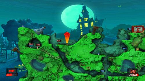 Pierwszy strzał jest dość prosty - wystarczy, że ze wskazanej pozycji [ilustracja] wystrzelimy pionowo w górę przy pełnej mocy pocisk z Bazooki, a uda nam się zabić jednego z przeciwników - Mnie nie pokonasz! | Strach (Kampania) | Worms Revolution - Worms: Revolution - poradnik do gry