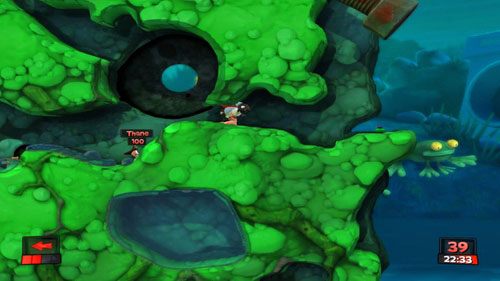 Mając w ekwipunku Pocisk z naprowadzaniem, Superowcę, Bunkrołamacz oraz dwa Ataki z powietrza, będziemy w stanie pozbyć się większości przeciwników bez wychodzenia z tuneli [ilustracja] - Mnie nie pokonasz! | Strach (Kampania) | Worms Revolution - Worms: Revolution - poradnik do gry