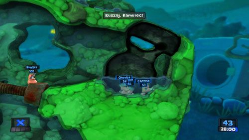 Wodny atak zastosujmy by pozbyć się przeciwników na wzniesieniu po prawej [ilustracja] - Impreza w ogrodzie | Strach (Kampania) | Worms Revolution - Worms: Revolution - poradnik do gry