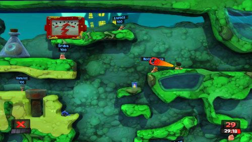 W trakcie drugiego ruchu podchodzimy Strażnikiem w wyznaczone miejsce i oddajemy strzał z Bazooki o maksymalnej sile [ilustracja] w wyniku czego urządzenie wybuchnie zadając obrażenia znajdującemu się obok Strażnikowi wroga - Kompost | Strach (Kampania) | Worms Revolution - Worms: Revolution - poradnik do gry