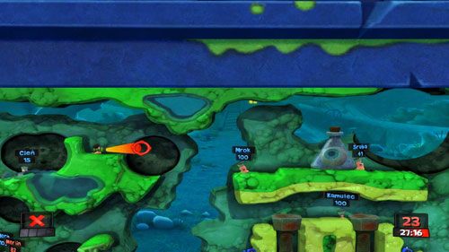 Korzystając z Liny, przemieszczamy naszego Żołnierza we wskazane miejsce [ilustracja] i oddajemy strzał z Bazooki w kierunku naczynia - dzięki temu jeden z wrogich robali (lub obydwa) spadnie na dół - Kompost | Strach (Kampania) | Worms Revolution - Worms: Revolution - poradnik do gry