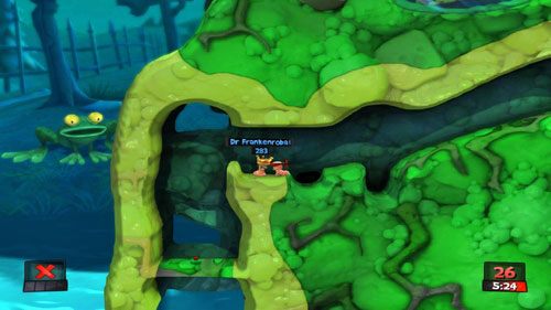 W trakcie kolejnej tury przeskakujemy dalej, a następnie zmierzamy po skrzynie z Ognistym uderzeniem - przy jej pomocy wysyłamy bossa do dziury, w której znajduje się Mina [ilustracja] - Boss - Dr Frankenrobal | Strach (Kampania) | Worms Revolution - Worms: Revolution - poradnik do gry