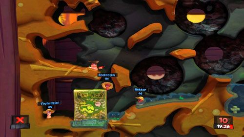 W kolejnym ruchu, przy pomocy Liny, wejdźmy na półkę skalną nad przeciwnikami [ilustracja], a następnie zrzućmy Dynamit - Urodzony wojownik | Podwórko (Kampania) | Worms Revolution - Worms: Revolution - poradnik do gry