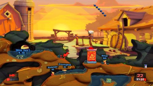 W następnej kolejności niszczymy naczynie, a następnie zsyłamy Wodny atak [ilustracja], co pozwoli nam podtopić większość przeciwników na mapie - Nasiona zniszczenia | Podwórko (Kampania) | Worms Revolution - Worms: Revolution - poradnik do gry