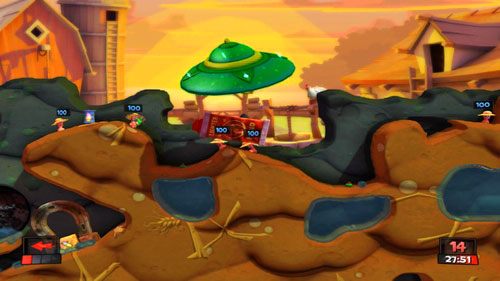 W trakcie następnego ruchu, korzystając z UFO, przemieszczamy pojemnik z benzyną [ilustracja] - Podwórkowa bójka | Podwórko (Kampania) | Worms Revolution - Worms: Revolution - poradnik do gry