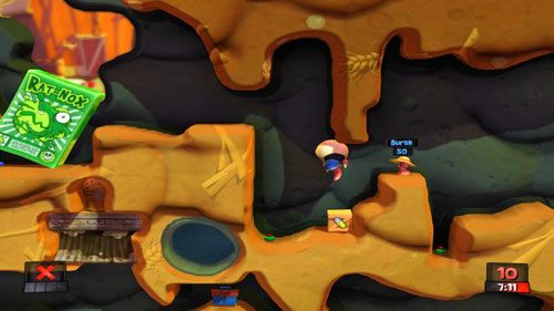 Zbieramy kolejną skrzynkę ze Spadochronem, a następnie manewrujemy lotem tak, by spaść na skrzynkę z Kijem bejsbolowym [ilustracja] - Boss - Stary Boggy B | Podwórko (Kampania) | Worms Revolution - Worms: Revolution - poradnik do gry