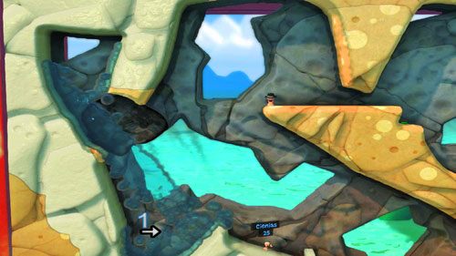 Zeskakujemy do kotliny [1], a następnie udajemy się w prawo - Plaża | Łamigłówki | Worms Revolution - Worms: Revolution - poradnik do gry