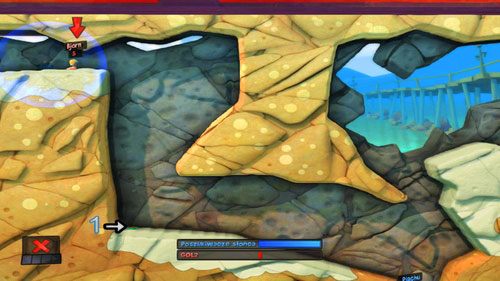 Z krawędzi skarpy zrzucamy kolejną niebieską podkowę Elektromagnesu, dzięki czemu Mina [1] wyląduje obok wroga - Plaża | Łamigłówki | Worms Revolution - Worms: Revolution - poradnik do gry
