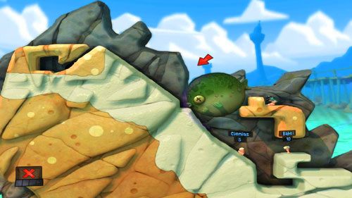 Wskazując odpowiednio miejsce, gdzie ma zostać przeprowadzony Wodny atak [ilustracja], pozbędziemy się obu przeciwników - Plaża | Łamigłówki | Worms Revolution - Worms: Revolution - poradnik do gry