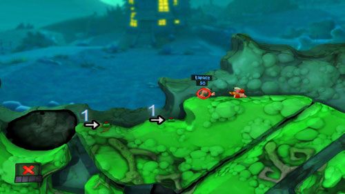 Przy pomocy Palnika spychamy kolejnego przeciwnika ze skarpy [ilustracja], dzięki czemu wpadnie na jedną z Min [1], a w konsekwencji zginie - Strach | Łamigłówki | Worms Revolution - Worms: Revolution - poradnik do gry