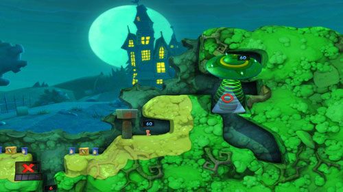 W pierwszej kolejności, korzystając z UFO, przenosimy naczynie we wskazane miejsce [ilustracja] - Strach | Łamigłówki | Worms Revolution - Worms: Revolution - poradnik do gry