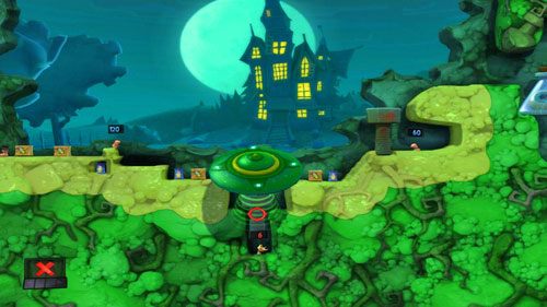 Gdy tylko przestawimy naczynie, po raz kolejny używamy UFO - tym razem na śrubce, którą zatykamy naszego robala [ilustracja], którego mamy uratować - Strach | Łamigłówki | Worms Revolution - Worms: Revolution - poradnik do gry