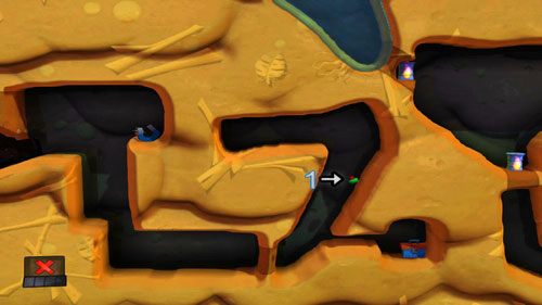 Stojąc na zobrazowanej półce skalnej, postawmy Elektromagnes z opcją odpychaj [ilustracja] - Podwórko | Łamigłówki | Worms Revolution - Worms: Revolution - poradnik do gry