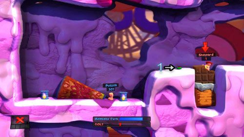 Wykorzystujemy ostatnią Telekinezę do ułożenia tuby w zobrazowany sposób [ilustracja], a następnie wyrzucamy przeciwnika w powietrze - Wszystkie atrakcje wesołego miasteczka! | Łamigłówki | Worms Revolution - Worms: Revolution - poradnik do gry