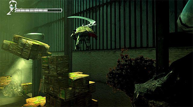 Zatrzymaj się po dotarciu do pokazanych na powyższym screenie skrzyń i przystąp w tym miejscu do wspinaczki - Dotarcie do drugiego magazynu | 5 - Virility | DMC Devil May Cry - DMC: Devil May Cry - poradnik do gry
