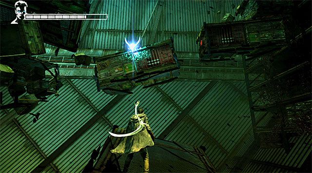 Po wylądowaniu zacznij przeskakiwać na kolejne lewitujące półki - Przeprawa przez drugi magazyn | 5 - Virility | DMC Devil May Cry - DMC: Devil May Cry - poradnik do gry