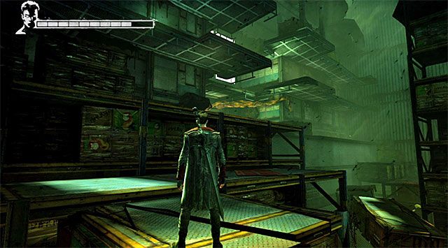 Obie ścieżki opisane powyżej zaprowadzą Cię na pokazaną na powyższym screenie półkę - Przeprawa przez drugi magazyn | 5 - Virility | DMC Devil May Cry - DMC: Devil May Cry - poradnik do gry