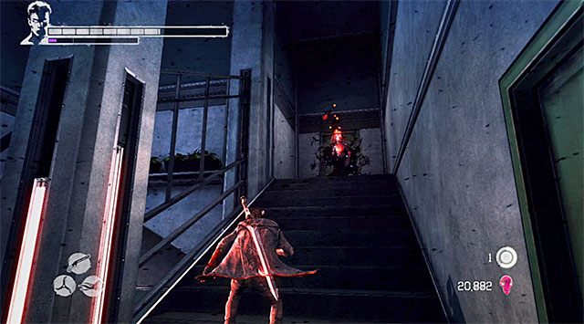 Dla odmiany wyrusz teraz ku górnym piętrom, doprowadzając do odnalezienia pokazanej na powyższym screenie zagubionej duszy (Lost Soul) - Eksploracja 106 piętra | 16 - The Plan (Plan) | DMC Devil May Cry - DMC: Devil May Cry - poradnik do gry