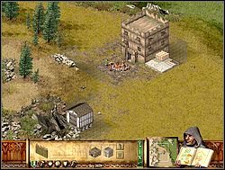 Po rozpoczęciu zadania wybuduj podstawowe budynki: siedzibę w górnej części wzniesienia (broń Boże na środku, upchnij go jak najbardziej na skraju, ale tak by było obejście), spichlerz nieco niżej od siedziby i w pobliżu skał, chaty drwali poustawiaj w południowo-zachodniej części mapy, między skała - Misja IV - Podglądanie z ukrycia | Kampania i misje dodatkowe w Twierdza - Twierdza - poradnik do gry