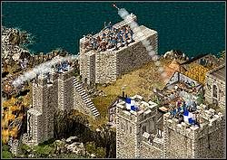 Kiedy spostrzeżesz, że wróg przedarł się przez dolny mur i maszeruję do kolejnej bramy przegrupuj w tamtą stronę z jednej wieżyczki wszystkich łuczników - Misja XIX - Wilk w klatce | Kampania i misje dodatkowe w Twierdza - Twierdza - poradnik do gry