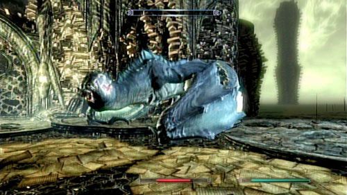 Kiedy dotrzesz na szczyt schodów, zaatakuje Cię wielki smok - Sahrotaar - Use the Bend Will Shout to tame Sahrotaar [Użyj Krzyku Ugięcie Woli aby oswoić Sahrotaara] | Na szczycie krainy Apocrypha - The Elder Scrolls V: Skyrim - Dragonborn - poradnik do gry