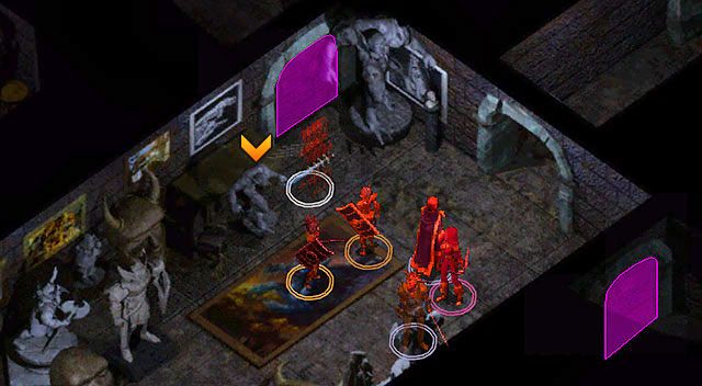 Znajdziesz się w okrągłej sali [1], z której przejdź od razu do komnaty z posągami [2] i kliknij stojącą w rogu rzeźbę (otwiera drzwi 1 i zamyka 2) - Wieża Durlaga- Labirynt Durlaga (poziom 1-2) | Opowieści z Wybrzeża Mieczy - Baldurs Gate: Enhanced Edition - poradnik do gry