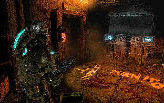 Kontynuuj schodzenie, aż znowu dotrzesz do samego końca - po odpięciu liny czym prędzej znajdź schronienie, gdyż zostaniesz zaatakowany przez dwóch Unitologów po przeciwnej stronie szybu - 16 - What Lies Below - Follow Danik down the Research Silo | 16, 17 - What Lies Below / A Strange City - Dead Space 3 - poradnik do gry