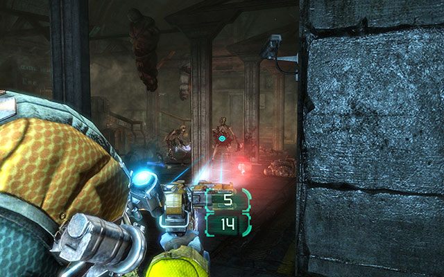 Udaj się do windy, a następnie przejdź przez kilka kolejnych pomieszczeń, aż dotrzesz do nieco większego pokoju [Raised Hell] wypełnionego Nekromorfami-szkieletami - Protect the Armory munitions | Armory - zadanie poboczne | Dead Space 3 - Dead Space 3 - poradnik do gry