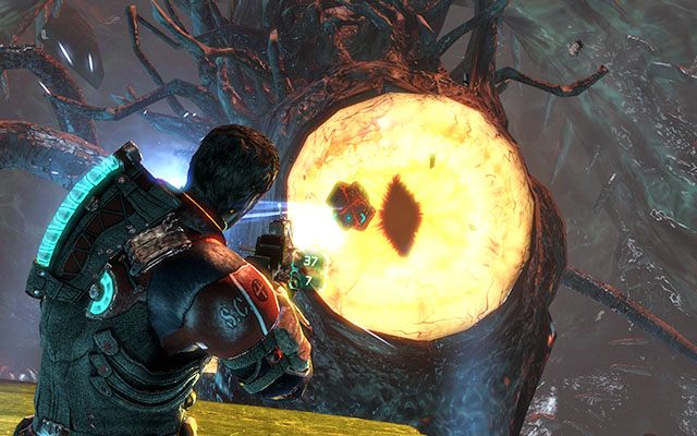 Aby zgładzić potwora musisz zestrzelić jego trzy oczy - do tego celu użyj dryfujących niebieskich Markerów - 19 - Endings - Reach the machine | 18, 19 - Kill or Be Killed / Endings - Dead Space 3 - poradnik do gry
