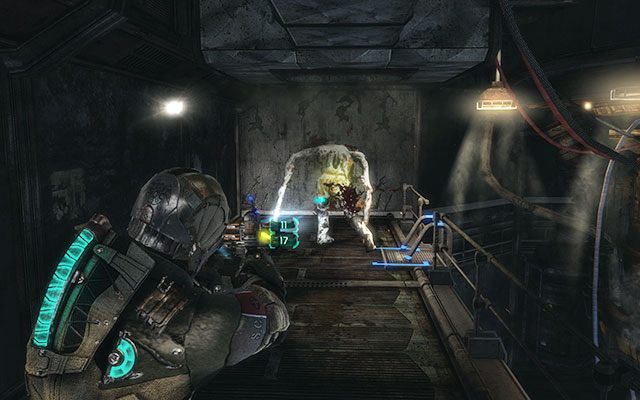 Drugi tłok jest zablokowany, dlatego też możesz bezproblemowo przejść dalej, gdzie w korytarzyku znajdziesz drabinę prowadzącą na górę - Reaper Barracks - Scavenge the 163rd Reaper Barracks | Zadania poboczne - inne - Dead Space 3 - poradnik do gry