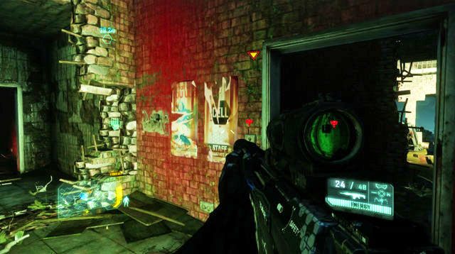 Po dojściu do miejsca pokazanego na obrazku, wskocz do środka budynku przez wnękę w lewym narożniku - Safeties Off | Dane wywiadowcze CELL oraz plakaty | Crysis 3 - Crysis 3 - poradnik do gry