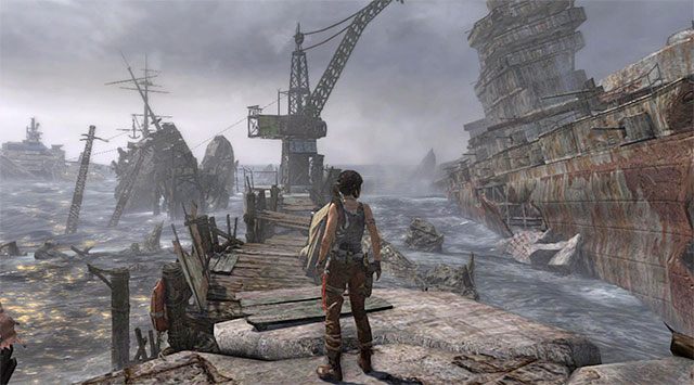Rozpocznij przy łodzi, przy której pracują rozbitkowie - Dotrzyj do galeonu | 21 - Życie pirata | Solucja Tomb Raider - Tomb Raider - poradnik do gry