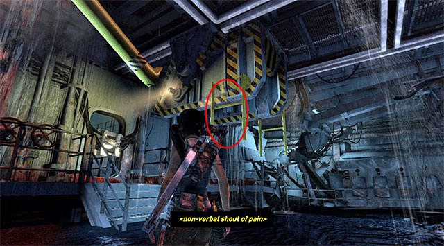 Przejdź w prawo, odwróć się w stronę przesuniętego przed chwilą obiektu i doskocz do jego drabinki (screen) - Znajdź Alexa | 22 - Zaginiony | Solucja Tomb Raider - Tomb Raider - poradnik do gry