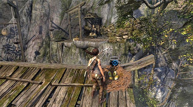 Zbadaj dokładnie dach, natrafiając na gniazdo z poszukiwanym jajem (nagroda: 10 punktów doświadczenia) - Podbieranie jaj | Sekrety - Mountain Village (Wioska w górach) | Tomb Raider - Tomb Raider - poradnik do gry