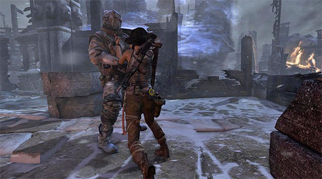 Na sam koniec najlepiej sobie zostawić pojedynek z przeciwnikiem wyposażonym w tarczę - Uratuj Sam porwaną przez Mathiasa (2) | 24 - Powrót | Solucja Tomb Raider - Tomb Raider - poradnik do gry