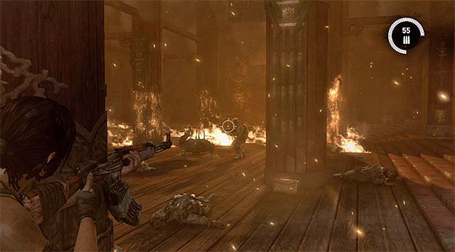 Gra wyświetli krótki filmik w momencie awansowania do drugiej części bitwy - Przetrwaj zasadzkę; Ucieknij z płonącej sali | 17 - Prosto w ogień | Tomb Raider - Tomb Raider - poradnik do gry