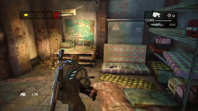 Przejdź po kładce na drugą stronę, gdzie z budynku wybiegnie dwóch przeciwników - Dachy pierwszej alei - Przedmieścia Halvo Bay - Gears of War: Judgment - poradnik do gry