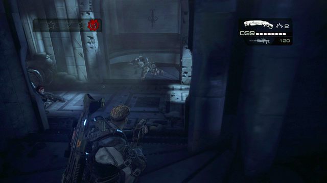 Na prawej ścianie znajduje się symbol odtajnionej misji - Taras - Budynek sądu - Gears of War: Judgment - poradnik do gry