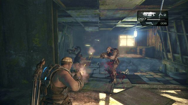 Przejdź na prawą stronę korytarza, skąd nadejdą jednostki przeciwników, wspinający się po linach z hakiem - Prosto na górę - Pokłosie - Gears of War: Judgment - poradnik do gry