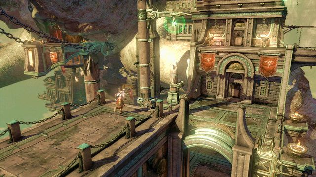 Po oczyszczeniu terenu przeciągnij dźwignię (tym razem do końca) by pojawił się hak z zieloną poświatą - Walka z Cyklopem | God of War Wstąpienie - God of War: Ascension - poradnik do gry
