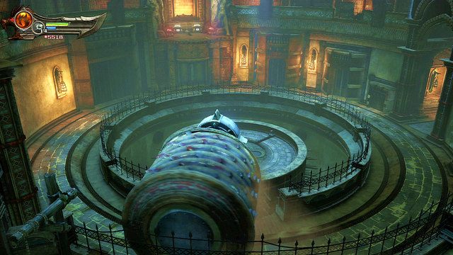 Na prawo od zielonej skrzyni wiedzie droga do opcjonalnej zagadki z toczącym się walcem - Zerwany most, zagadka z walcem i Meduza - God of War: Ascension - poradnik do gry