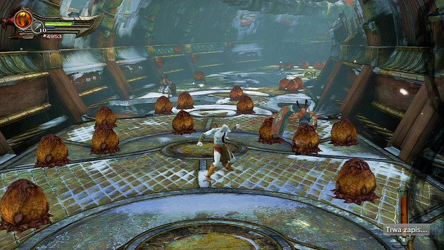 Na koniec przejażdżki wskoczysz pomiędzy smocze wylęgarnie i staniesz do walki z kozłoludami uzbrojonymi dodatkowo w tarcze - Czerwony wąż | God of War Wstąpienie - God of War: Ascension - poradnik do gry