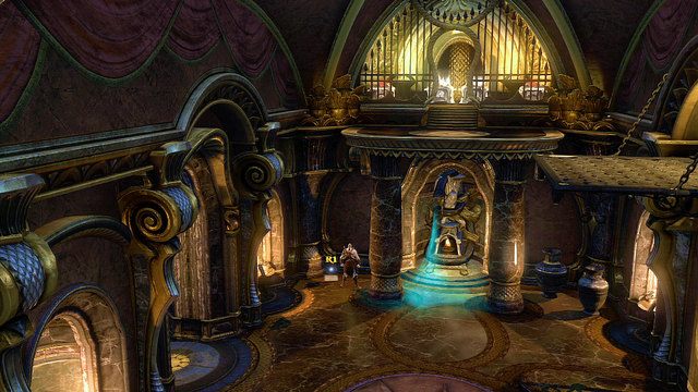 W tej komnacie znajduje się zielony gaz, notka leżąca obok niego oraz umieszczone nad nim cztery skrzynie - Zagadki z posągami i droga do katakumb | God of War Wstąpienie - God of War: Ascension - poradnik do gry