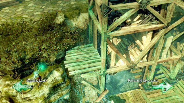 Stojąc na niej zregeneruj drewnianą konstrukcję do końca, a następnie wskocz na nią i wejdź do windy - Droga do posągu | God of War Wstąpienie - God of War: Ascension - poradnik do gry