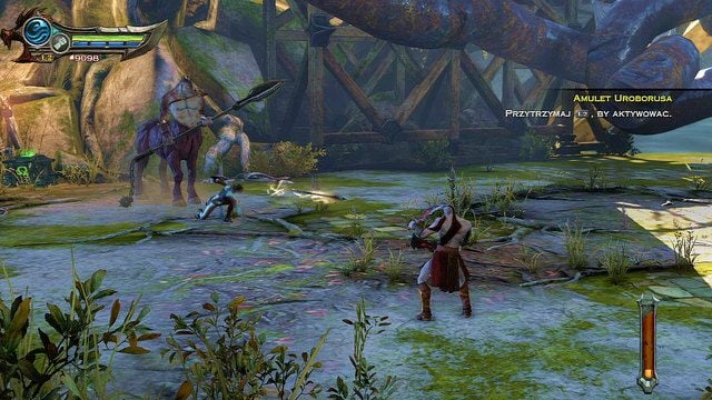 Gdy zeskoczysz z rusztowania zaatakuje cię niebieska wojowniczka i dwa centaury - Centaury i noga Apollona | God of War Wstąpienie - God of War: Ascension - poradnik do gry