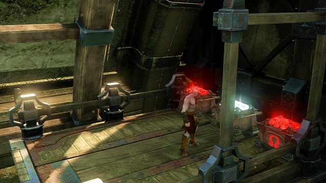 Po jego podniesieniu wyskocz na platformę po prawej i zbierz czerwoną oraz białą skrzynię - 21 - Przedramię Apollona (1) | Opis przejścia | God of War Wstąpienie - God of War: Ascension - poradnik do gry