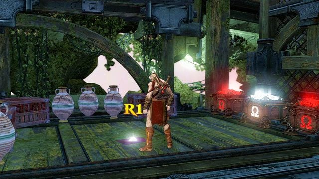 Zeskocz teraz z powrotem na arenę starcia z kozłoludami i udaj się w lewo - 21 - Przedramię Apollona (1) | Opis przejścia | God of War Wstąpienie - God of War: Ascension - poradnik do gry