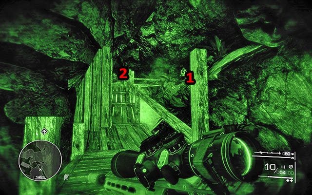 Wejdź na drewnianą konstrukcję i udaj się w głąb jaskini - Przejdź przez jaskinię na południową stronę kurortu | Akt 1 - Znikąd - Sniper: Ghost Warrior 2 - poradnik do gry