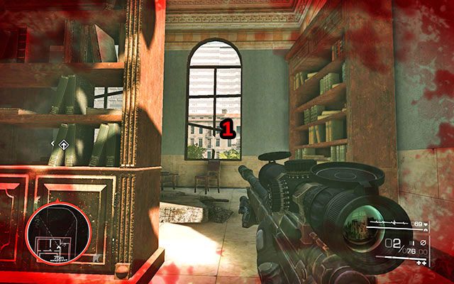 Bardzo powoli przejdź dalej, skręcając do pomieszczenia po lewej - Przebij się przez gmach biblioteki | Akt 2 - Duchy Sarajewa - Sniper: Ghost Warrior 2 - poradnik do gry